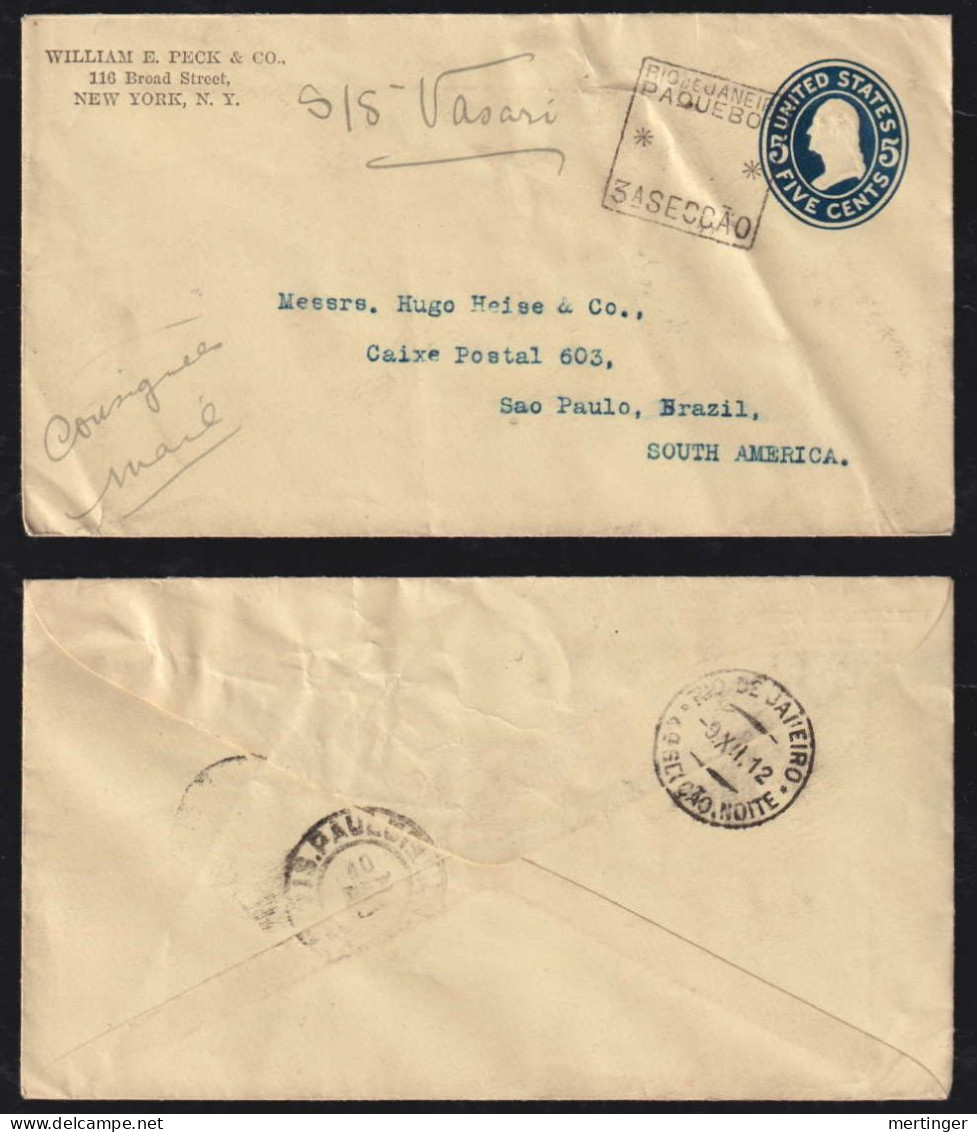 Brazil Brasil 1912 PAQUEBOT Rio De Janeiro Stationery Envelope USA 5c Consignees Letter To SAO PAULO - Covers & Documents