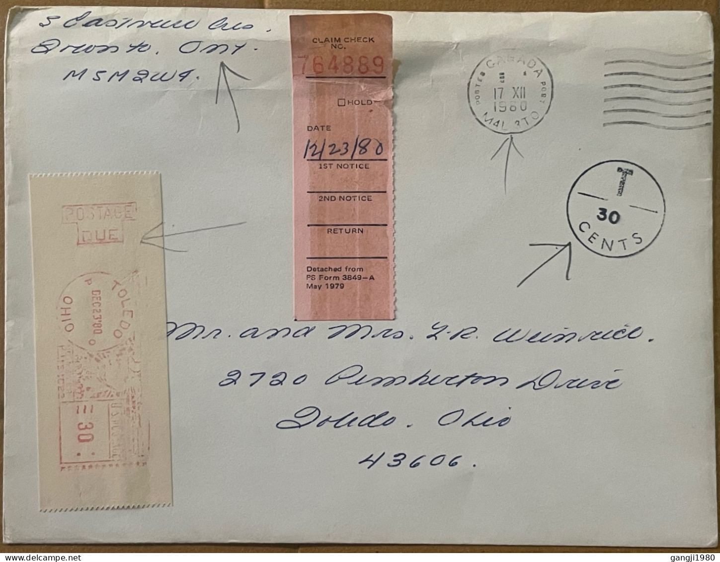 CANADA TO USA 1980, COVER USED, POSTAGE DUE IN CIRCLE & METER MACHINE CANCEL, TOLEDO CITY. - Cartas & Documentos