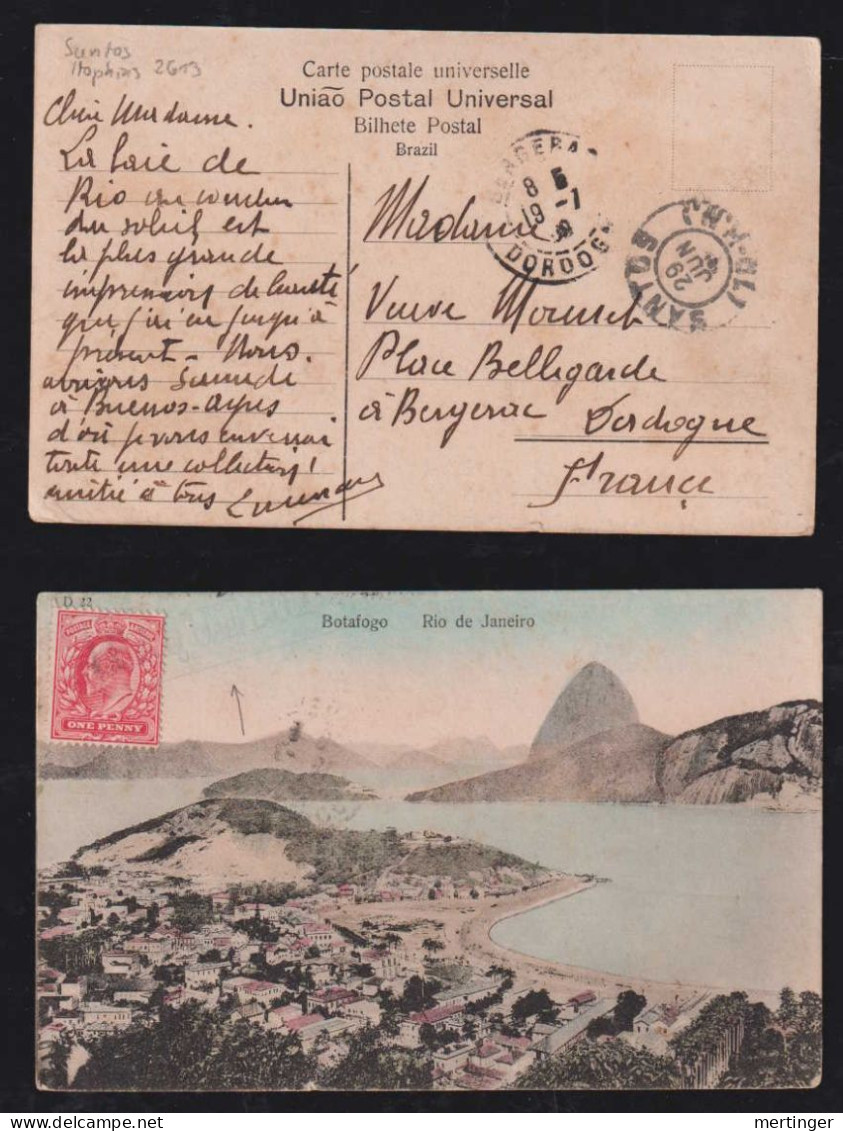 Brazil Brasil 1909 PAQUEBOT SANTOS UK Stamp To BERGERAC France - Covers & Documents
