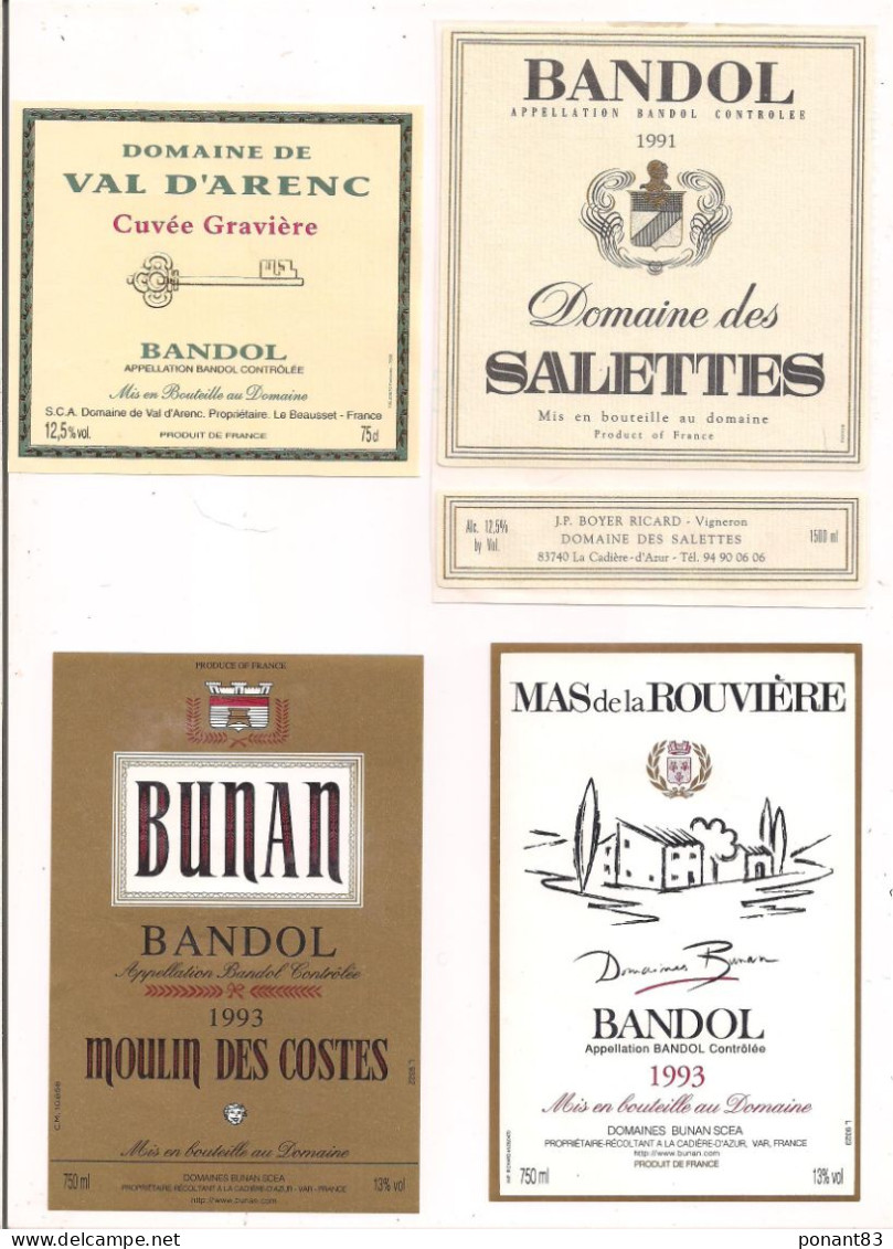 Etiquettes BANDOL: Val D'Arenc, Domaine Des Salettes 1991,Moulin Des Costes 1993,mas De La Rouvière 1993 - - Roséwijn