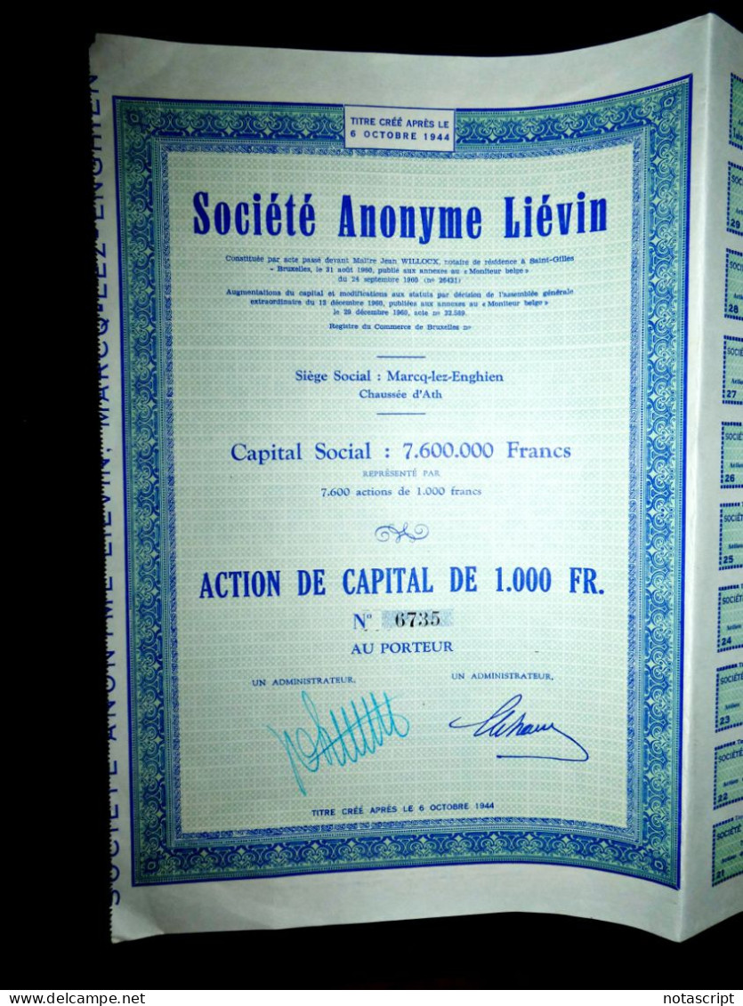 SOCIÉTÉ ANONYME LIÉVIN, Marcq-lez-Enghien, Chausé D'Ath (Belgium) 1960. Share Certificate - Industrie