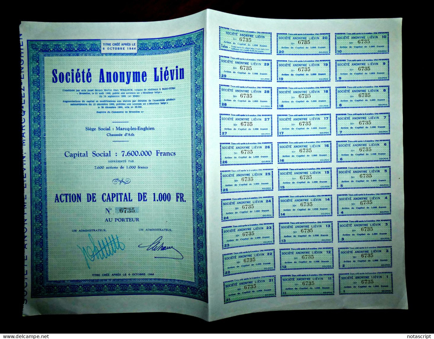 SOCIÉTÉ ANONYME LIÉVIN, Marcq-lez-Enghien, Chausé D'Ath (Belgium) 1960. Share Certificate - Industrie