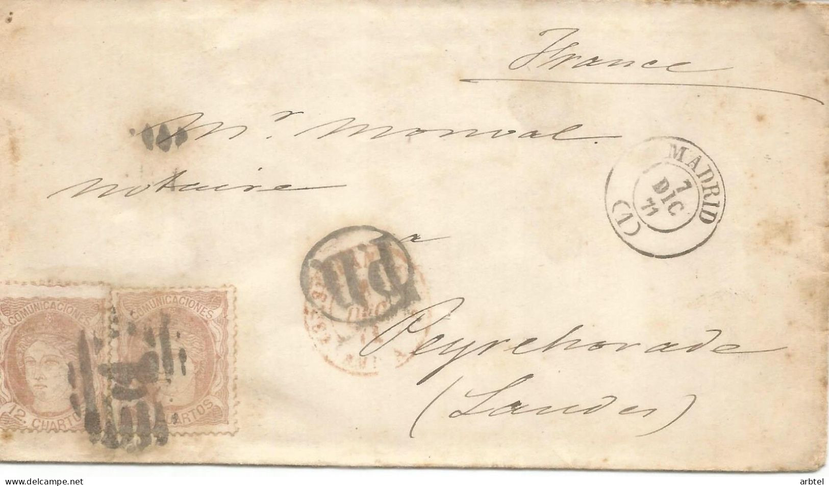 ENVUELTA  MADRID A PEYREHORADE FRANQUEO CON DOS SELLOS DE 12 CUARTOS 1871 - Storia Postale