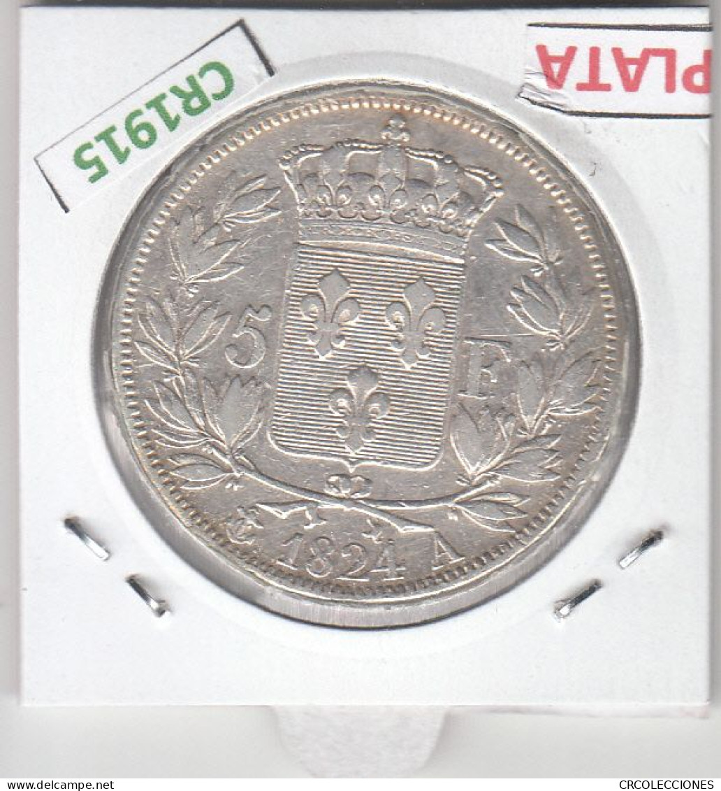 CR1915 MONEDA FRANCIA 5 FRANCOS 1824 PLATA PARÍS - 5 Francs