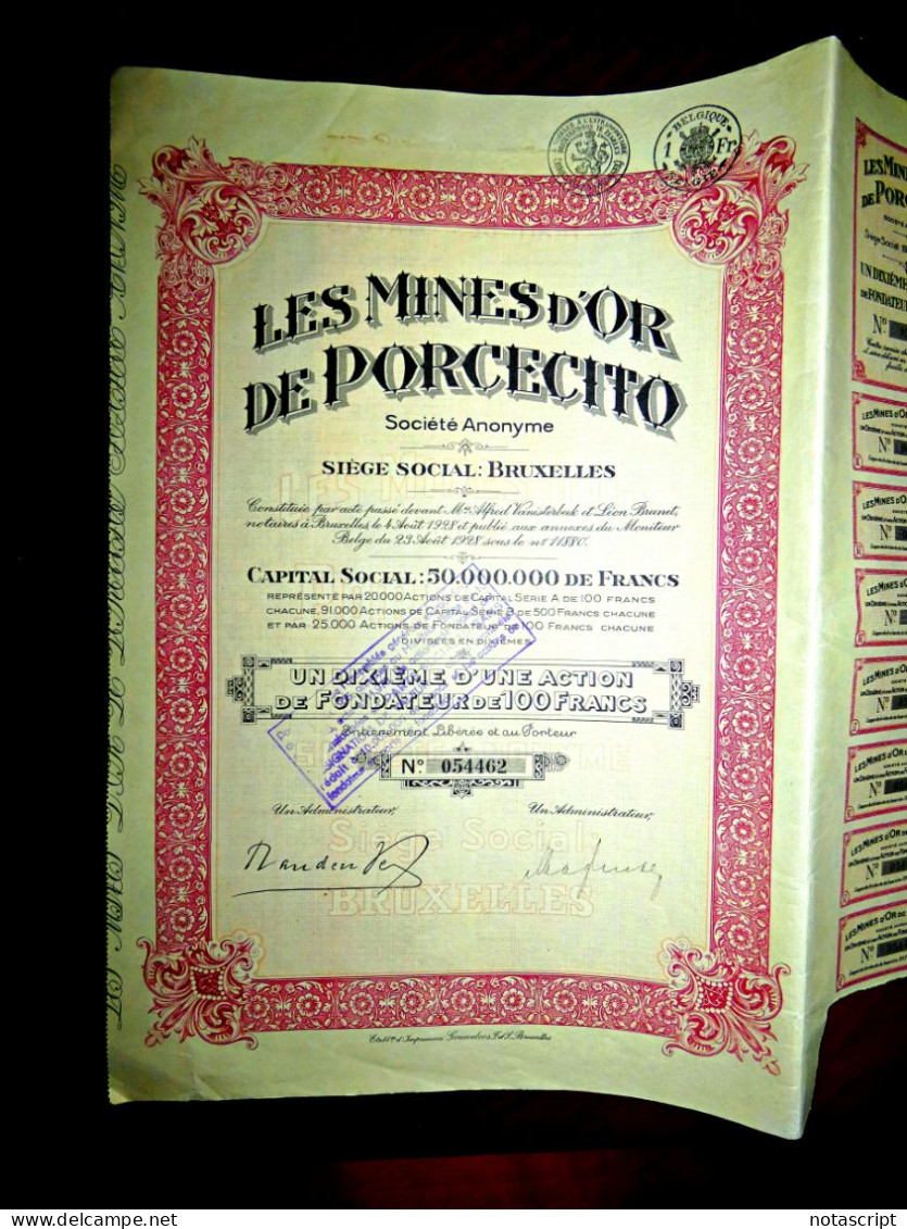 "Les Mines D'Or De Porcecito SA" ,Belgium/Colombia (Antioquía) 1928 Share Certificate - Mines