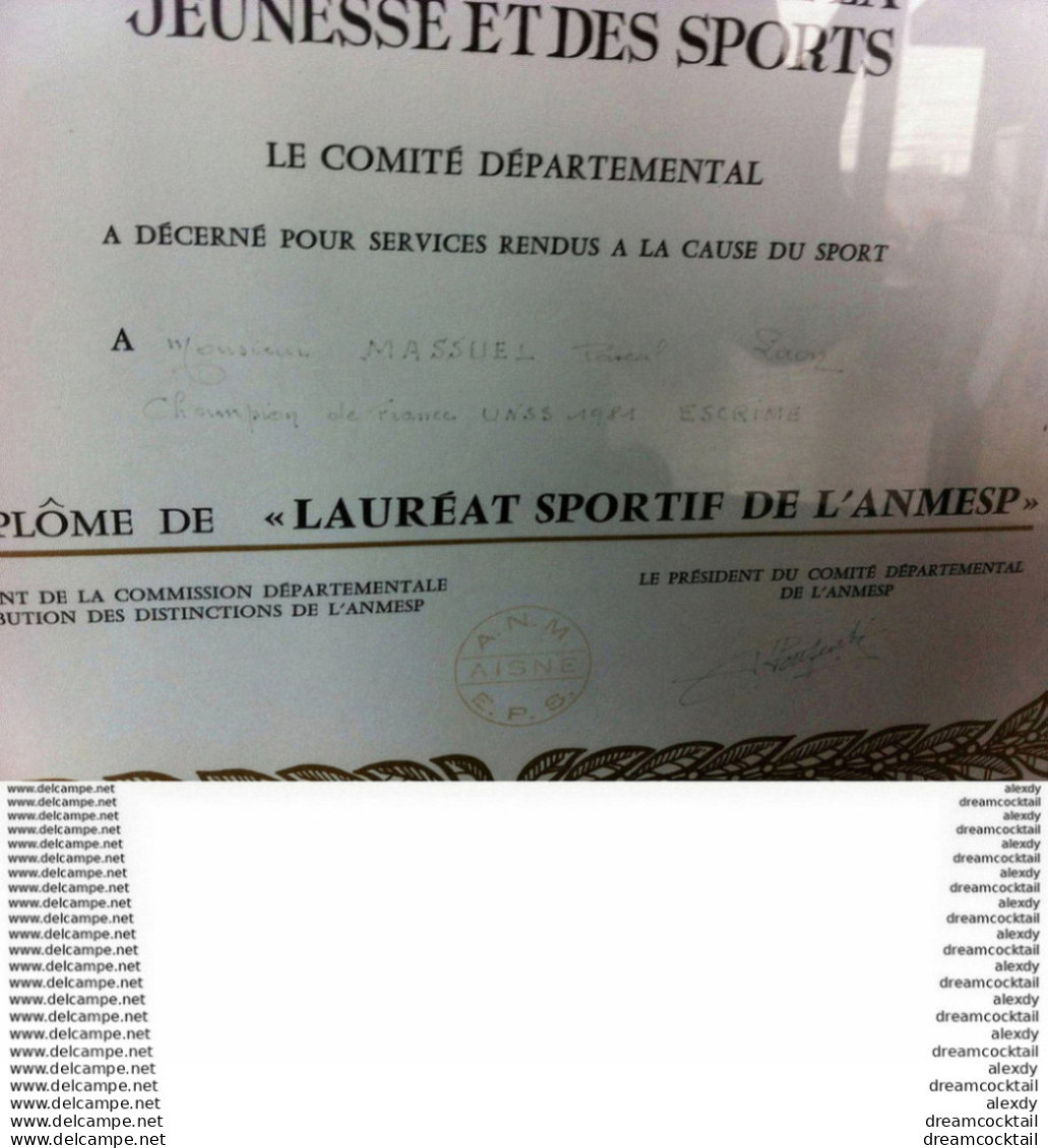 Diplôme à Massuel Pascal Champion De France UNSS D'Escrime En 1981 Demeurant à Laon Encadré Et Sous Verre 38 X 28 Cm - Fechten