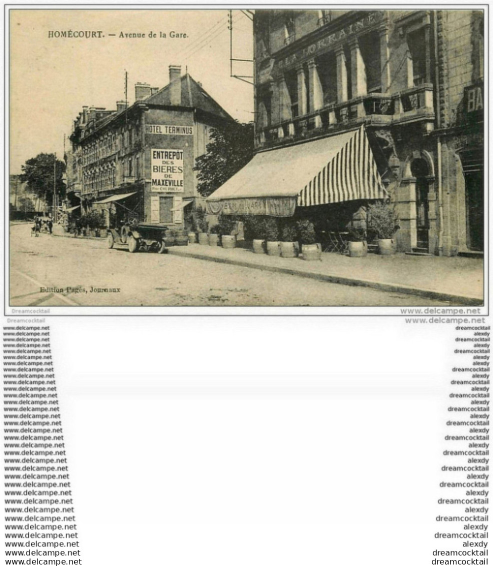 54 HOMECOURT. Avenue De La Gare 1925. Café Lorraine, Hôtel Terminus. Affiche Bières Maxeville Et Tacot - Homecourt