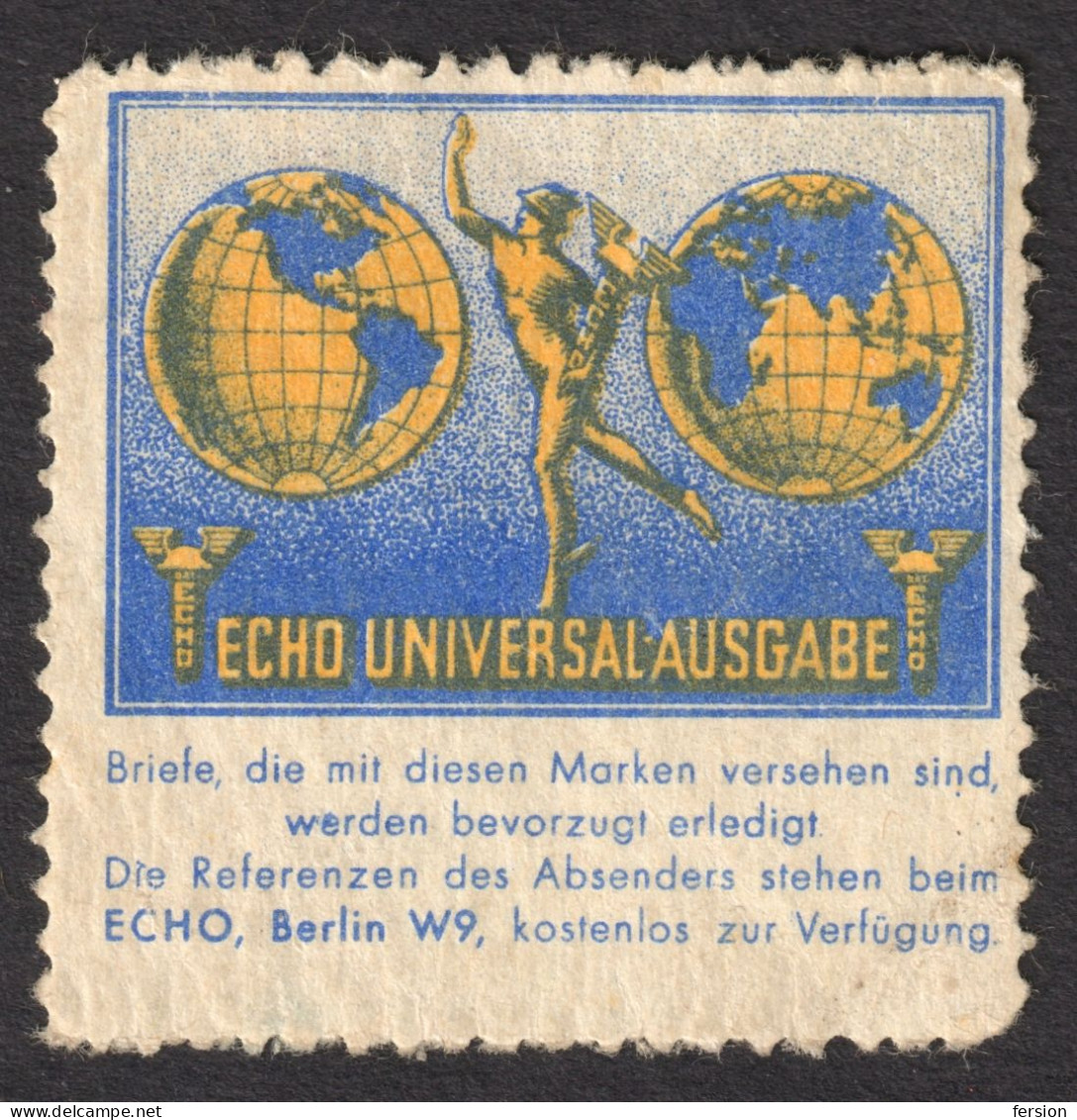 Greek Mythology HERMES God Trade ECHO UNIVERSAL AUSGABE BERLIN W9 LABEL VIGNETTE CINDERELLA Germany 1936 GLOBE EARTH - Mythologie