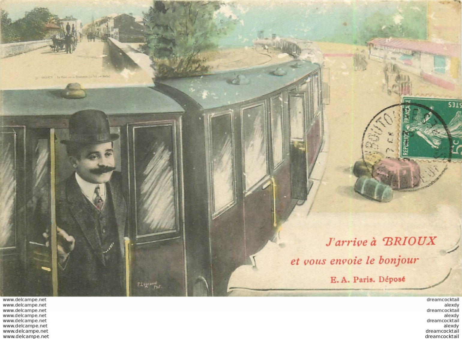 (XX) Carte Montage Gare Train Locomotive Voyageuse Voyageur. J'arrive Ou Pars En 1910 BRIOUX 79 (qq Grattages)... - Brioux Sur Boutonne