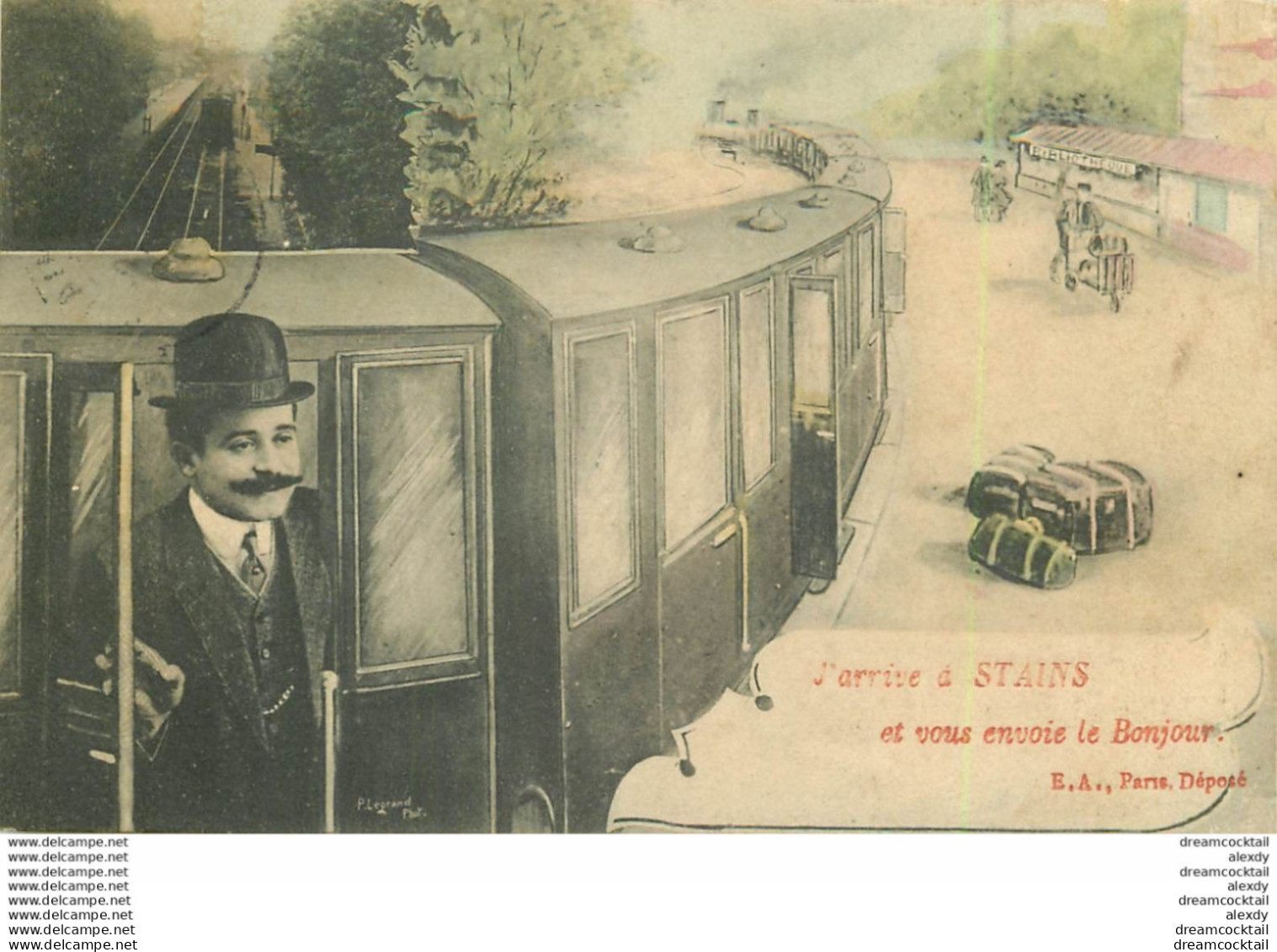 (XX) Carte Montage Gare Train Locomotive Voyageuse Voyageur. J'arrive Ou Pars En1908 STAINS 93 - Stains