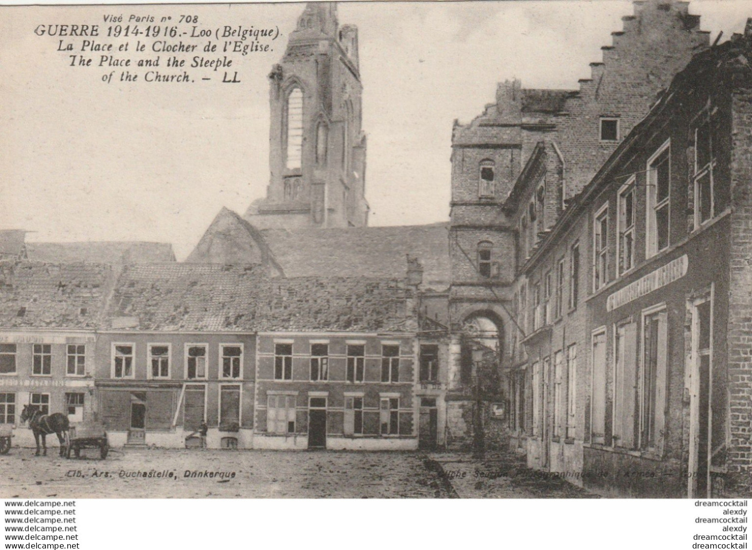 (GA) LOO. Attelage Devant Un Café Place Et Clocher Eglise (état Impeccable Et écrite) - Lo-Reninge