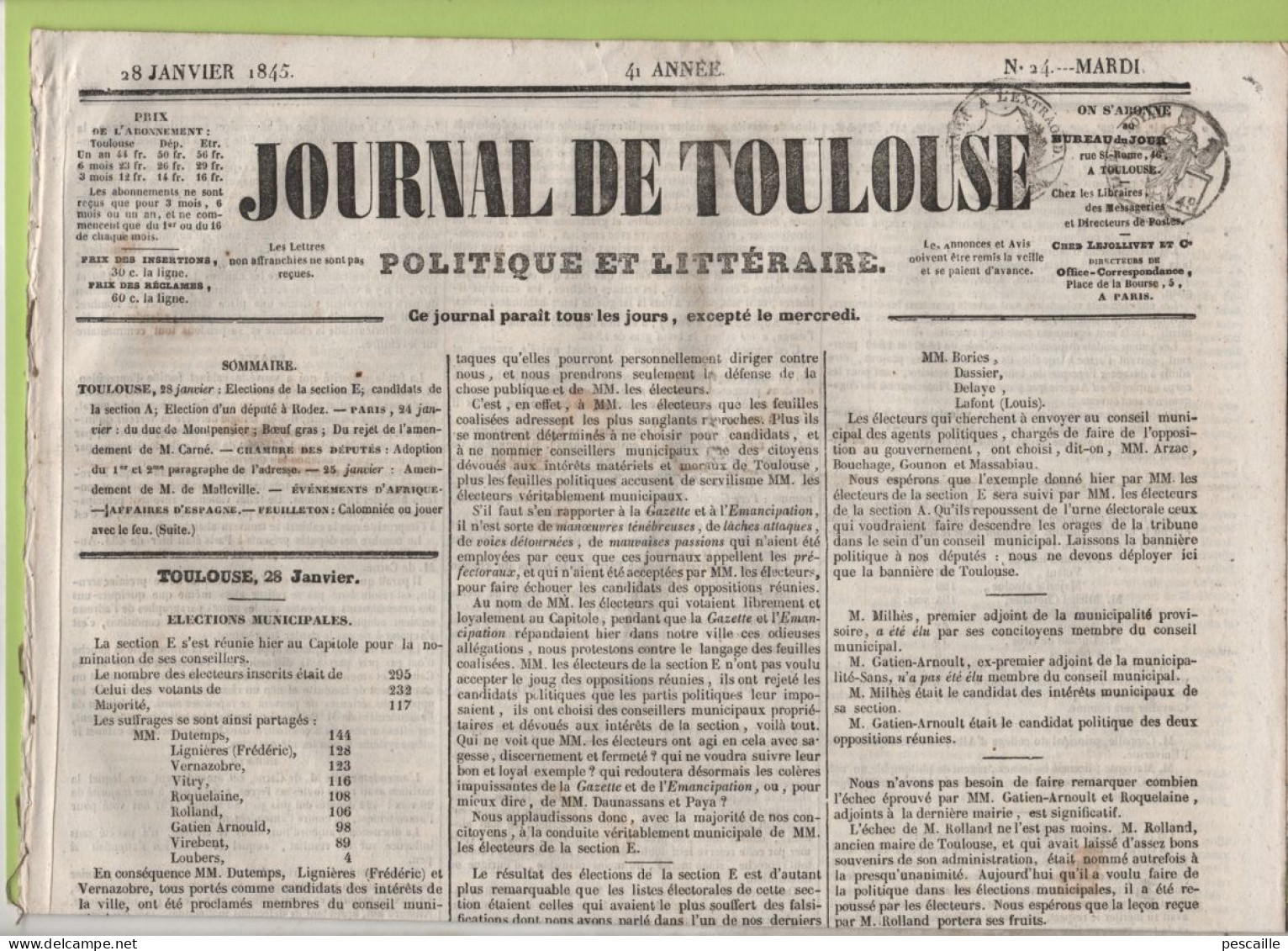 JOURNAL DE TOULOUSE 28 01 1845 - ELECTIONS MUNICIPALES TOULOUSE / RODEZ - POISSY BOEUF GRAS - BUGEAUD ALGERIE - CAEN ... - 1800 - 1849