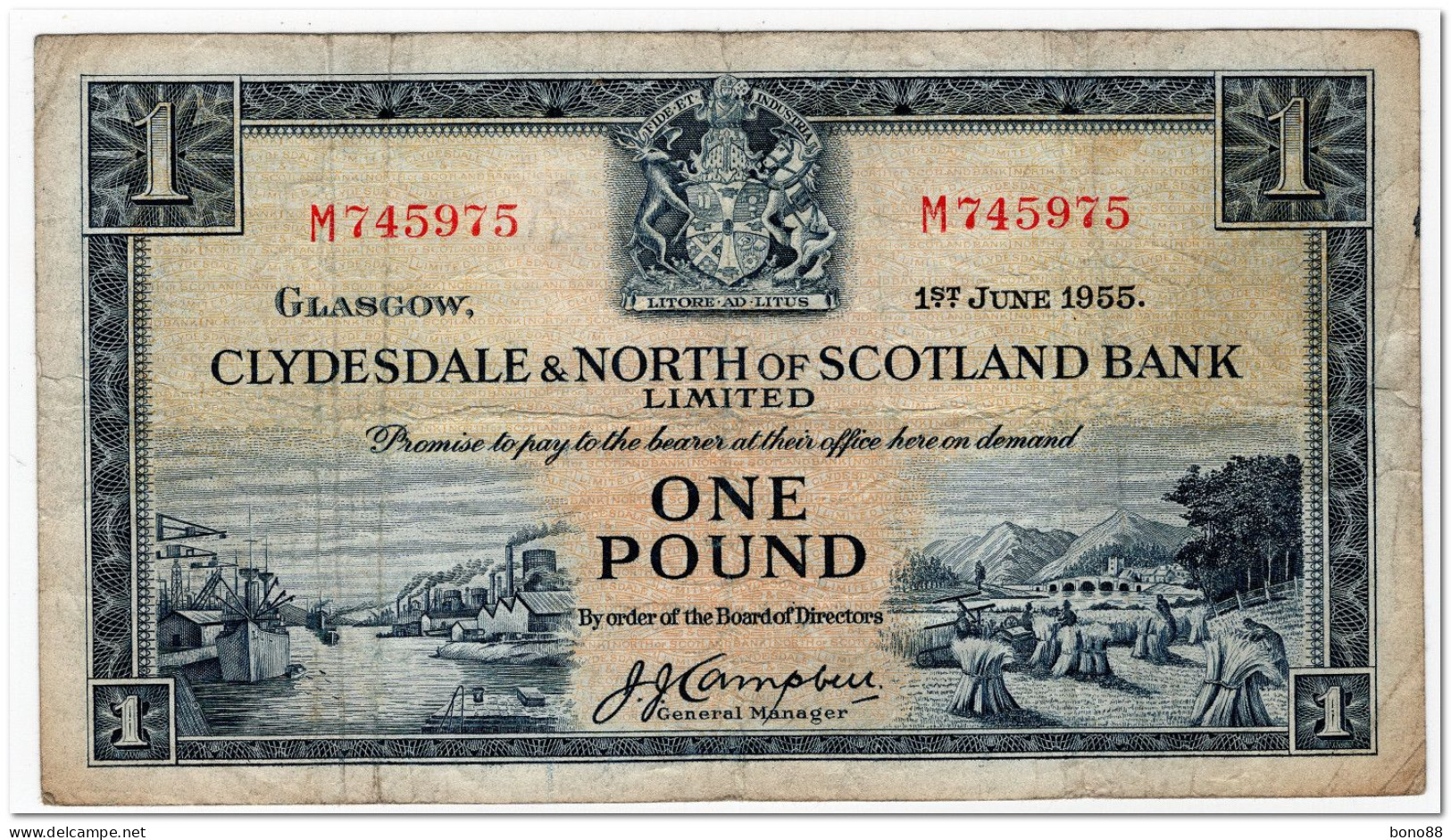 SCOTLAND,CLYDESDALE & NORTH OF SCOTLANDBANK LIMITED,1 POUND,1955,P.191a,FINE - 1 Pound