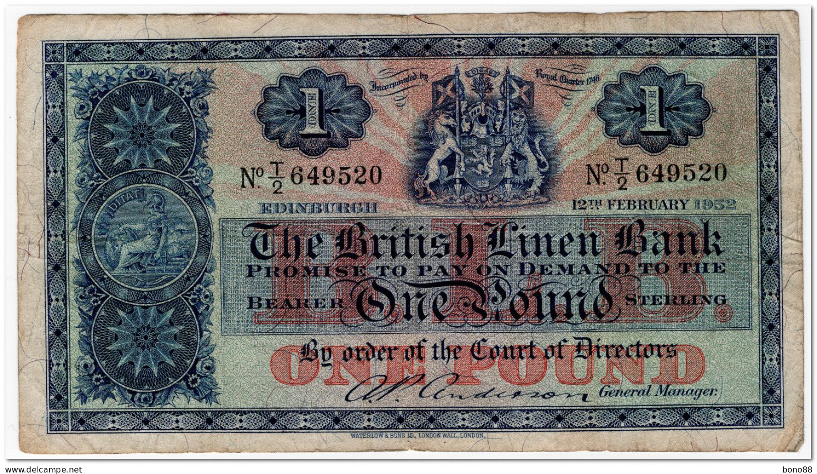 SCOTLAND,THE BRITISH LINEN BANK,1 POUND,1952,P.157d,FINE - 1 Pound