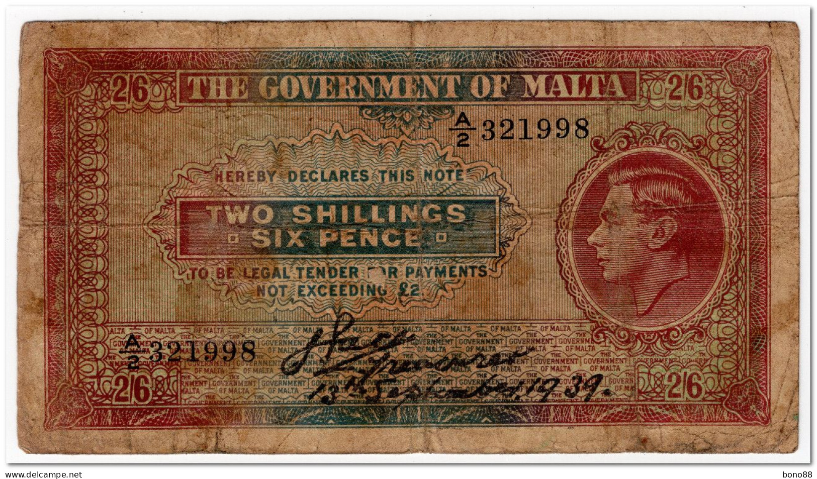 MALTA,2 SHILLINGS 6 PENCE,1940,P.18,aFINE - Malte