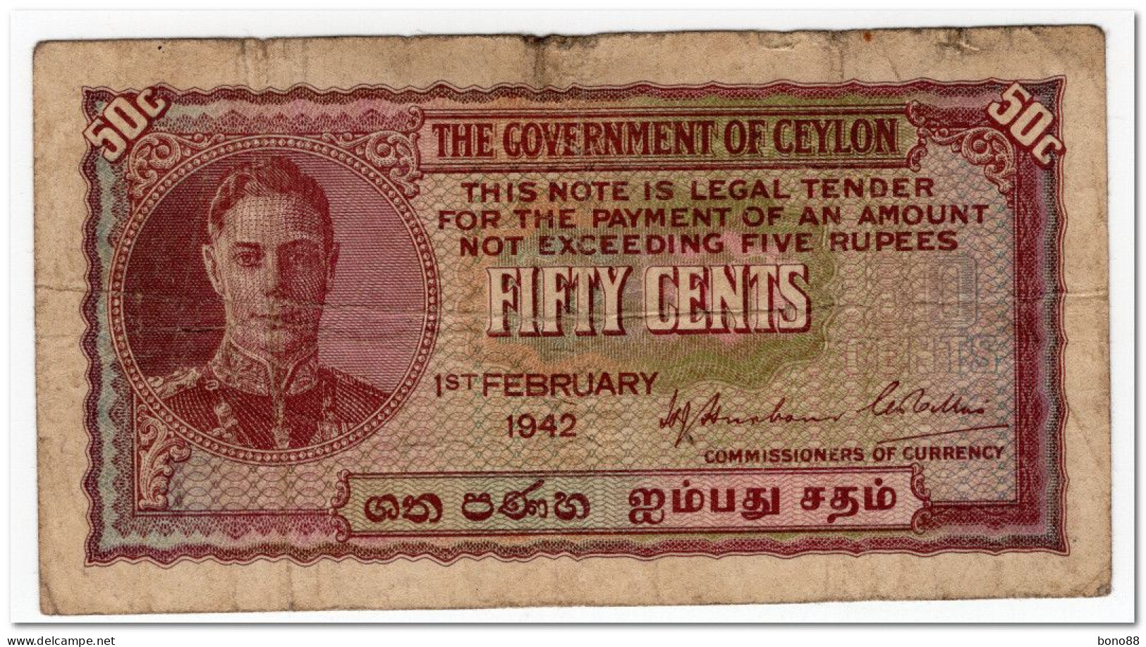 CEYLON,50 CENTS,1942,P.45,FINE - Malte