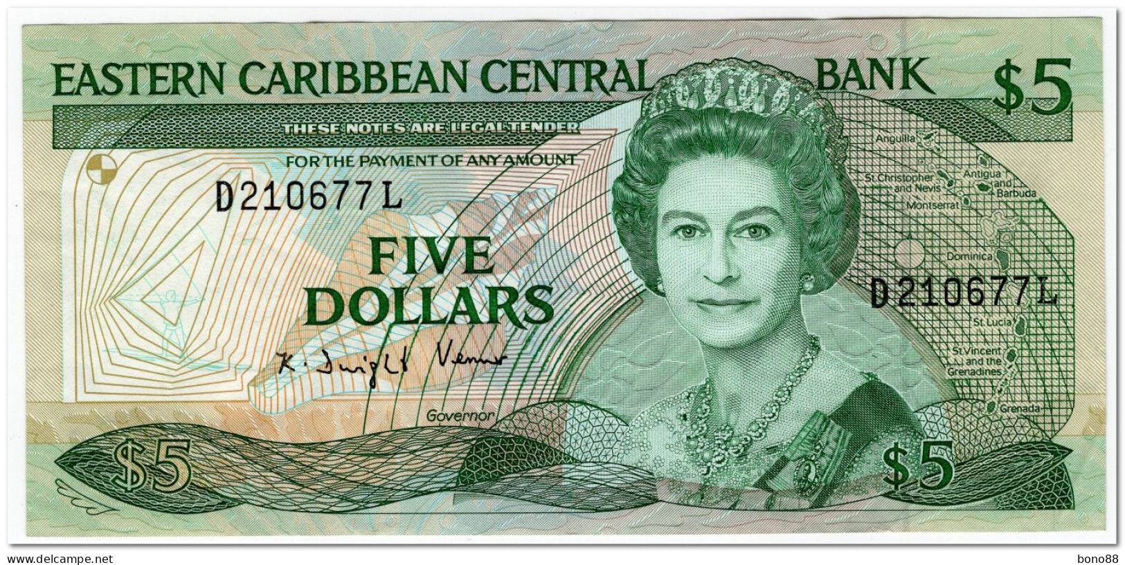 EAST CARIBBEAN STATES,5 DOLLARS,1988-93,P.22L1,VF+ - Caraïbes Orientales