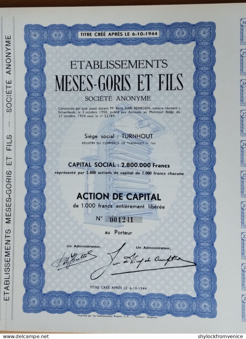 100 Stück Etablissements Meses-Goris Et Fils S. A. Action De Capital 1.000 BFR - M - O