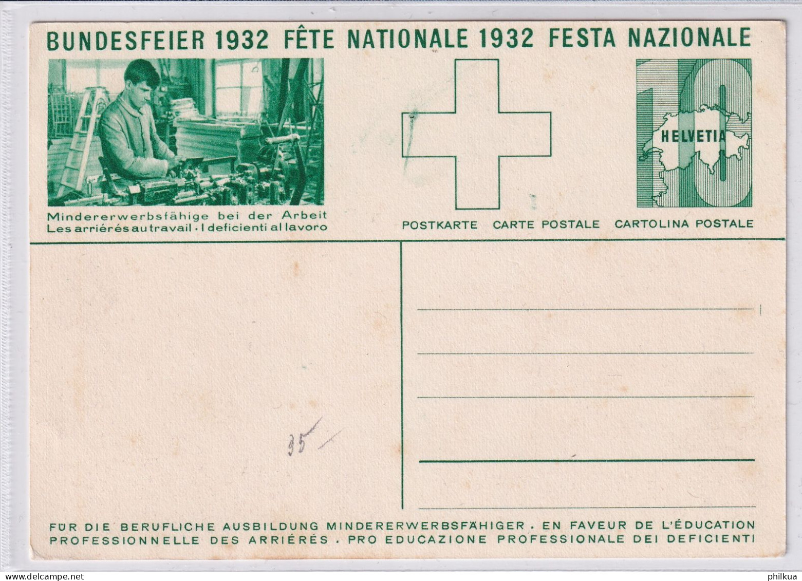 Schweiz 1932 - Bundesfeier Bild Postkarte - Arbeiter An Der Drehbank - Mindererwerbsfähige Bei Der Arbeit - Autres & Non Classés