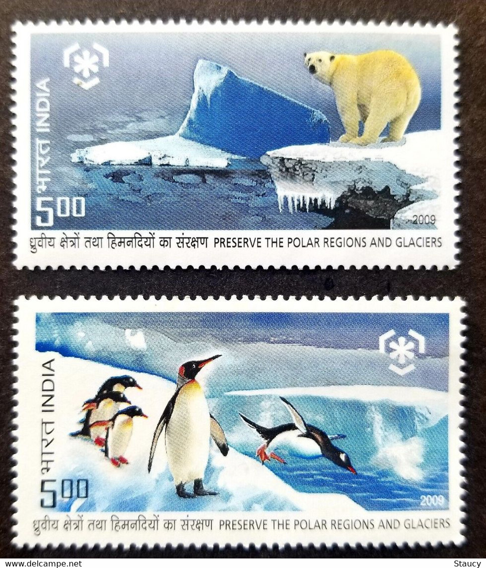 India 2009 Polar Regions And Glaciers Dolphins Polar Bear Stamps Set 2v Stamp MNH - Preservar Las Regiones Polares Y Glaciares