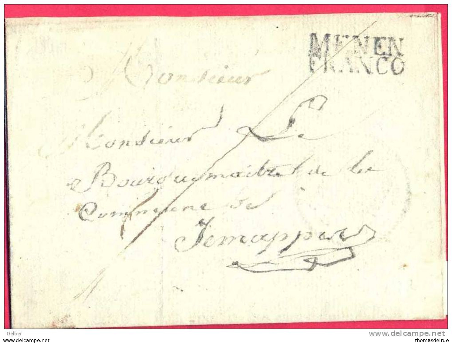 _Cn954: MENEN / FRANCO (= Type 10) > Jemappes. ...+ Binnen: Stempel REGENCE DE MENIN  23 Décembre 1822 - 1815-1830 (Holländische Periode)