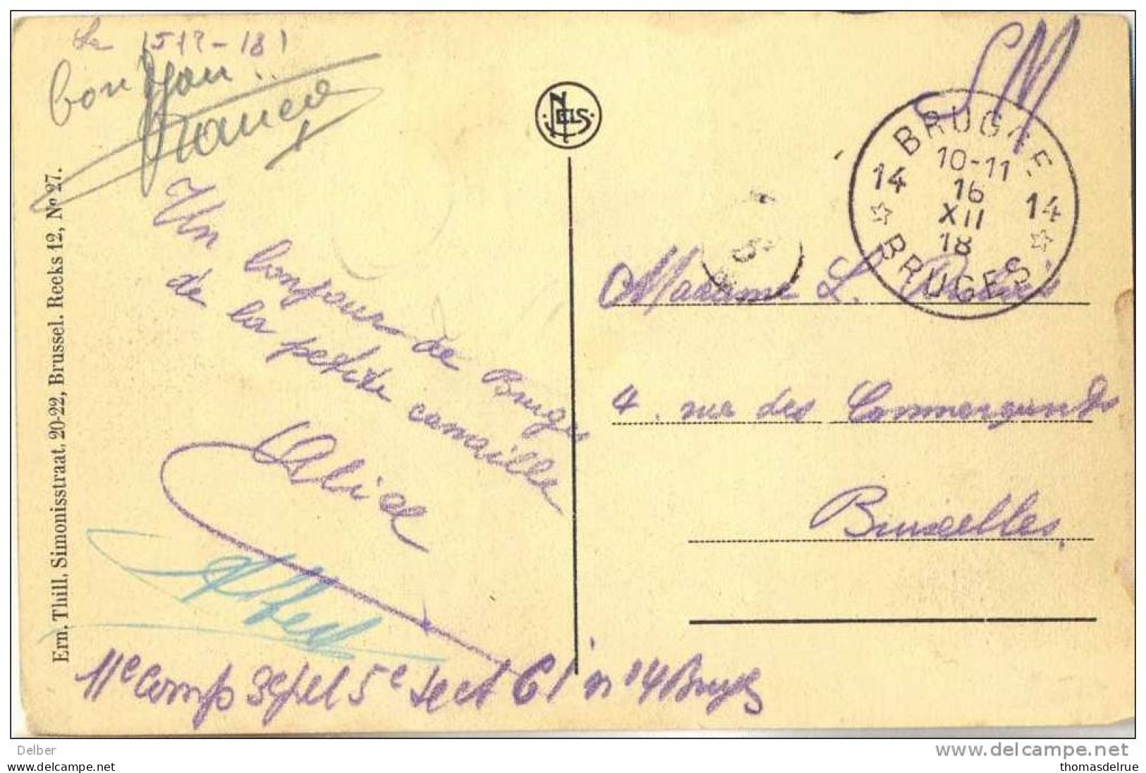 _R872 :Bruges: Vredegerecht....verstuurd: S.M. : 14*BRUGGE14*BUGES 16 XII 18: Postagentschap Als Noodstempel > Bruxelles - Fortune (1919)