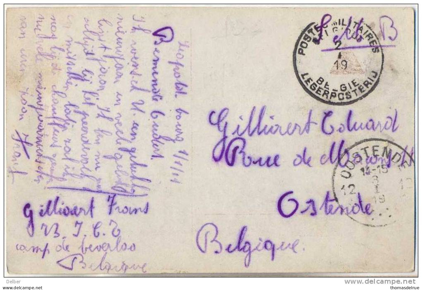 _L450:Fantasiekaart: S.M.B: PMB-BLP 2 I 19 > Ostende: Noodstempel: 12*OOSTENDE 12* .postagentschapstempel Als Aankomstst - Fortune Cancels (1919)