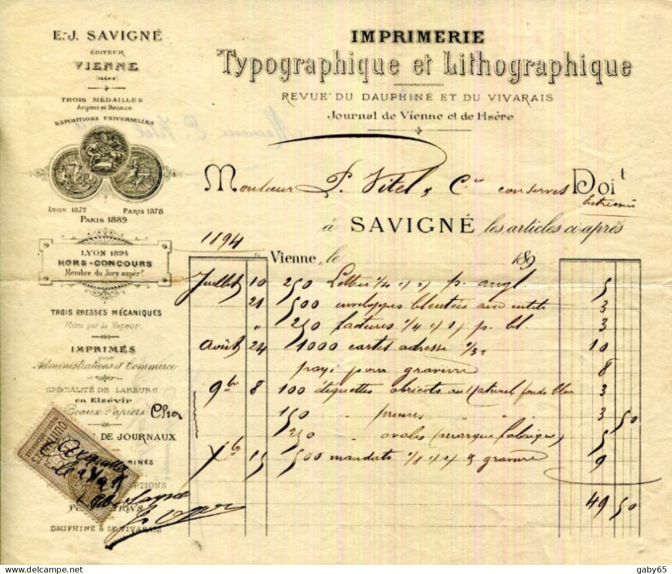 FACTURE.38.ISERE.VIENNE.TYPOGRAPHIE.LITHOGRAPHIE.IMPRIMERIE.SAVIGNÉ ÉDITEUR REVUE DAUPINÉ & DU VIVARAIS. - Printing & Stationeries