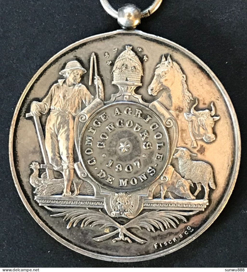 Belle Médaille Comice Agricole Concours Mons 1907 - Métal Argenté Fisch & Co - Otros & Sin Clasificación