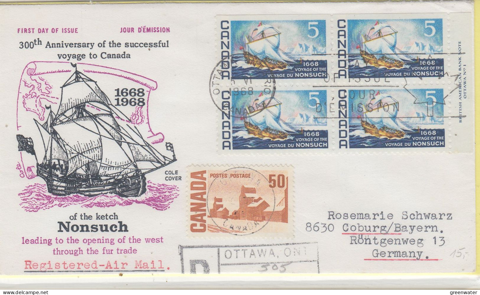 Canada 1968 Voyage Of The Nonsuch 1v Bl Of 4 Registered FDC (CN179A) - 1961-1970