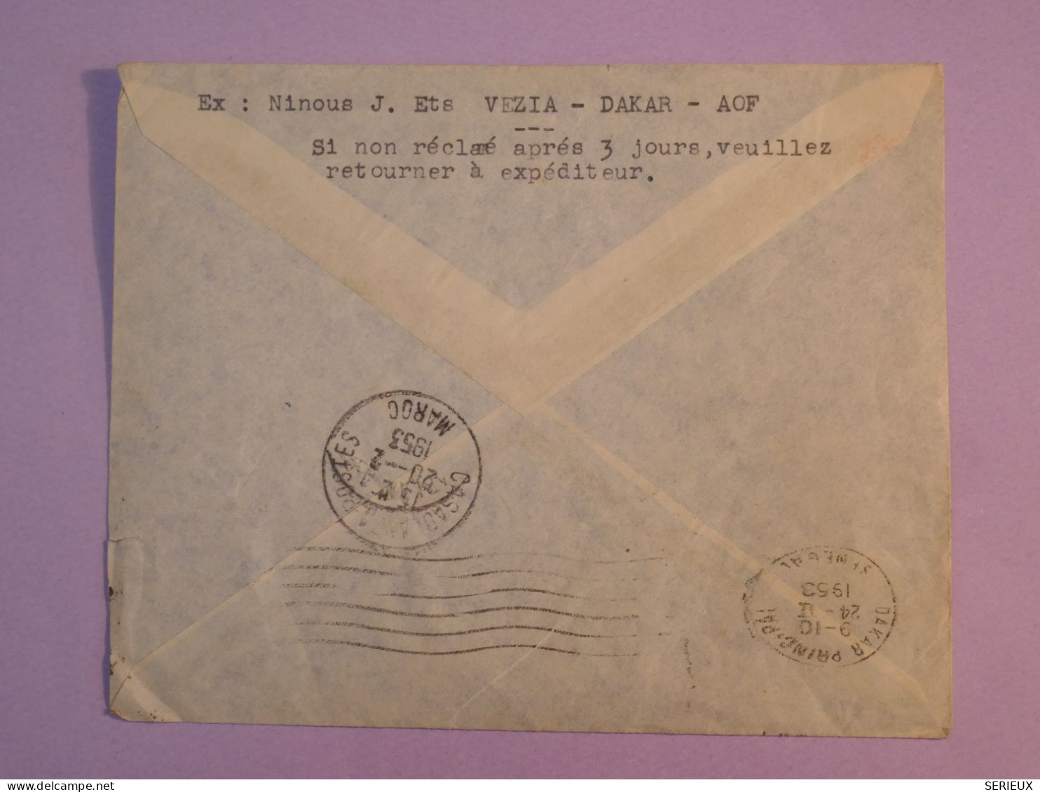 Z21  AOF SENEGAL BELLE  LETTRE  1953 DAKAR . 1ER VOL DAKAR CASABLANCA MAROC  +15F +AFF.   INTERESSANT++ + - Cartas & Documentos