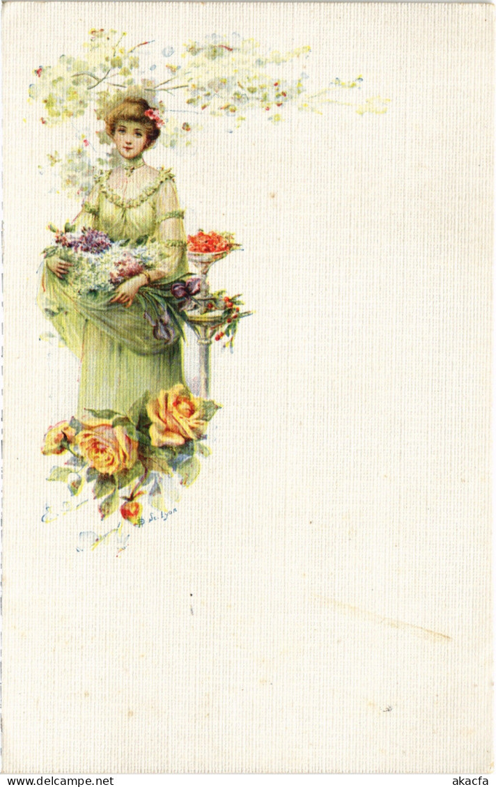 PC ARTIST SIGNED, LYON, LADY WITH FLOWERS AND FRUITS, Vintage Postcard (b50837) - Lion