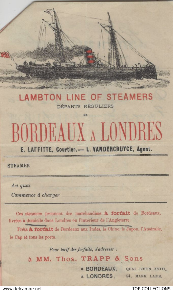 Circa 1870 2 DOCUMENTS AVEC ENTETE Bristol General Steam Navigation  Et Lambton Line Of Steamers Bordeaux Londres - 1800 – 1899