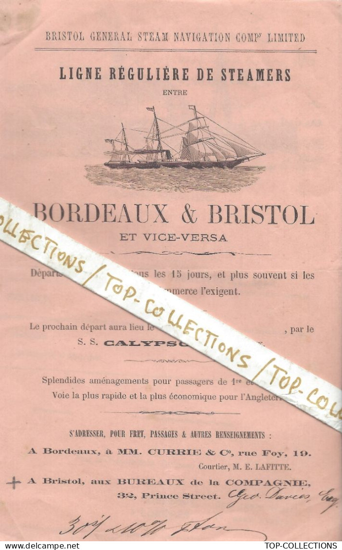 Circa 1870 2 DOCUMENTS AVEC ENTETE Bristol General Steam Navigation  Et Lambton Line Of Steamers Bordeaux Londres - 1800 – 1899