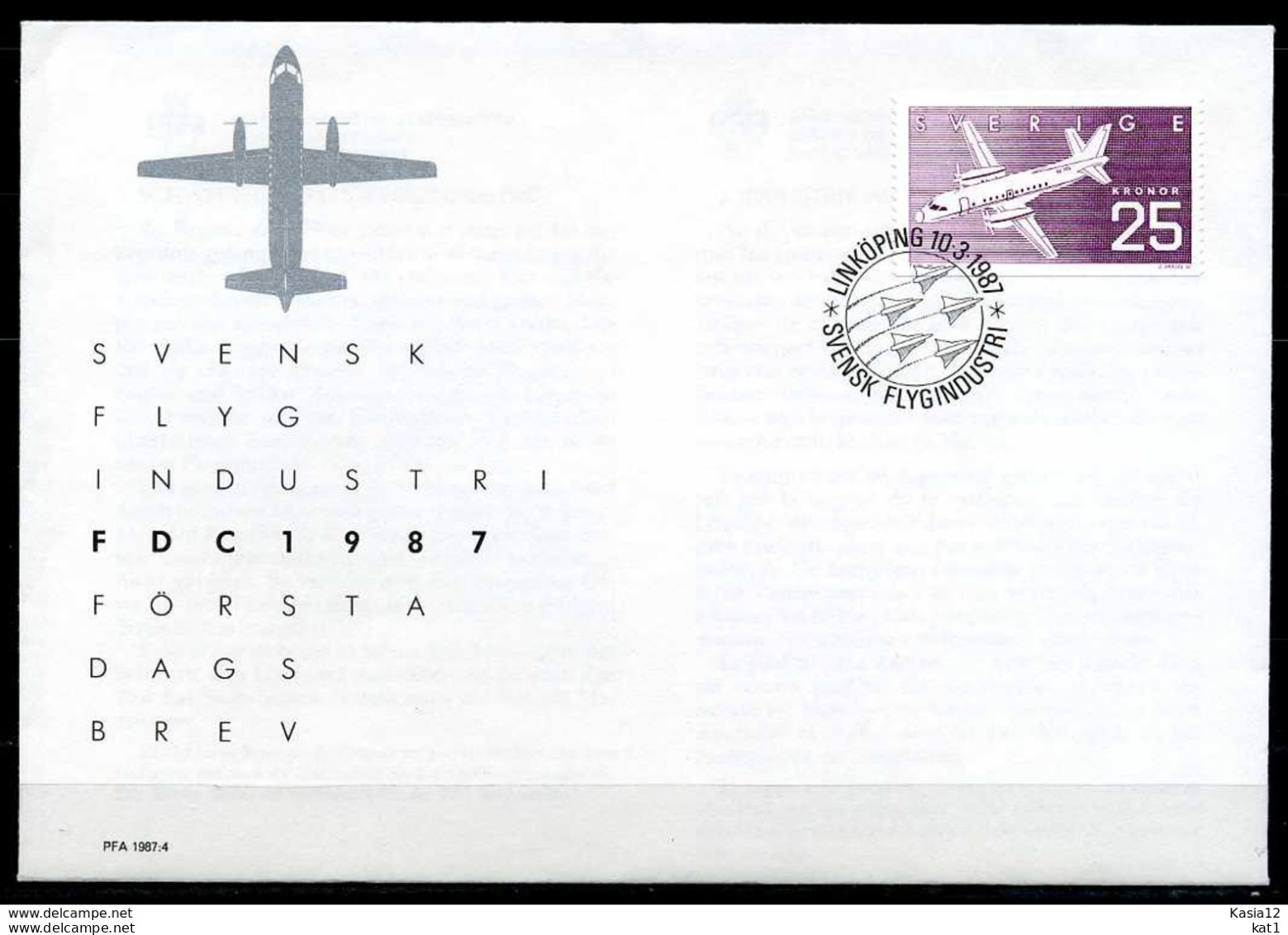 F0767)Schweden FDC 1427 Flugzeug - Brieven En Documenten