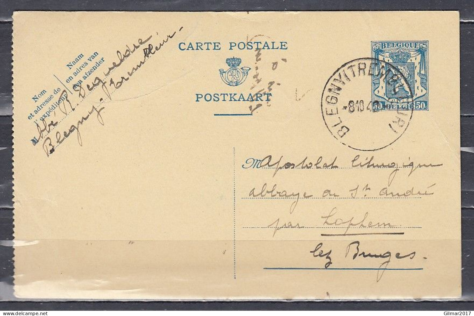 Postkaart Van Blegny (Trembleur) Naar Lophem - 1935-1949 Kleines Staatssiegel
