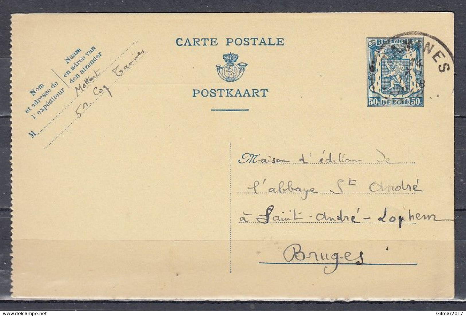 Postkaart Van Tamines Naar Saint Andre Lophem - 1935-1949 Small Seal Of The State