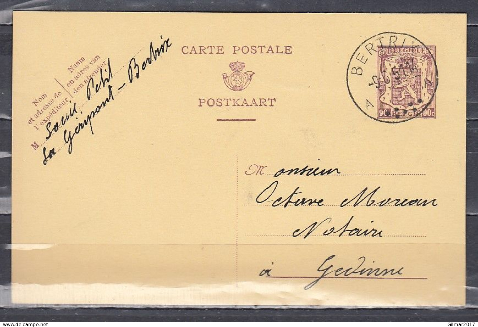 Postkaart Van Bertrix A Naar Gedinne - 1935-1949 Small Seal Of The State