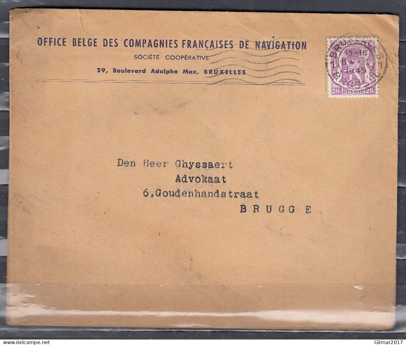 Brief Van Bruxelles 1 Brussel Naar Brugge Office Belge Des Compagnies Francaises De Navigation - 1935-1949 Kleines Staatssiegel