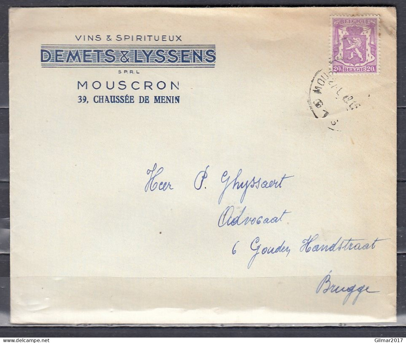 Brief Van Mouscron G1G Naar Brugge - 1935-1949 Small Seal Of The State