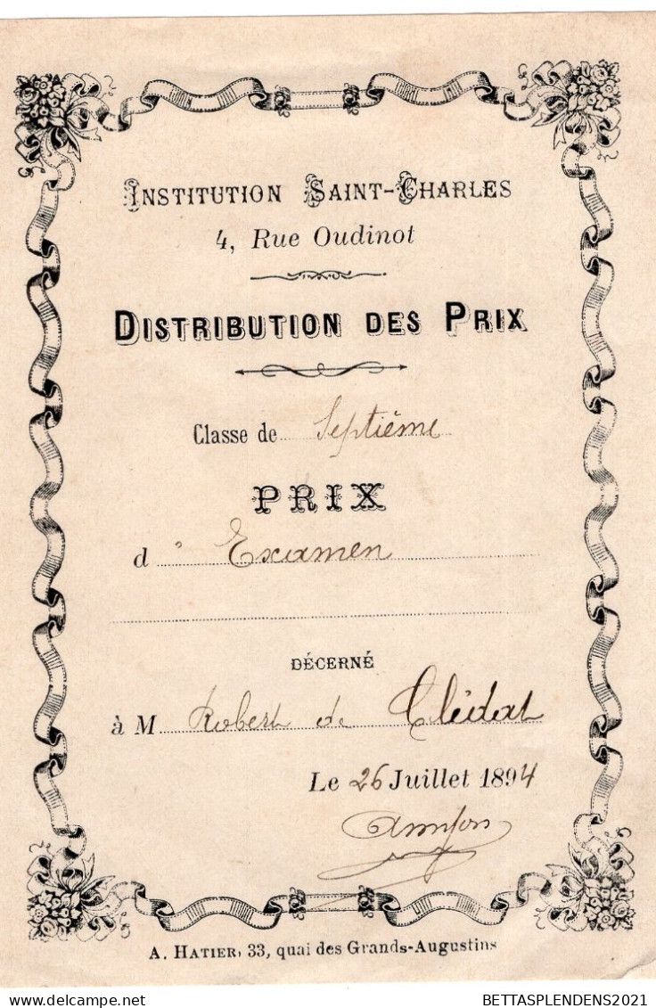 Paris Rue Oudinot - INSTITUTION SAINT CHARLES - Distribution Des Prix - 1894 - Diplômes & Bulletins Scolaires