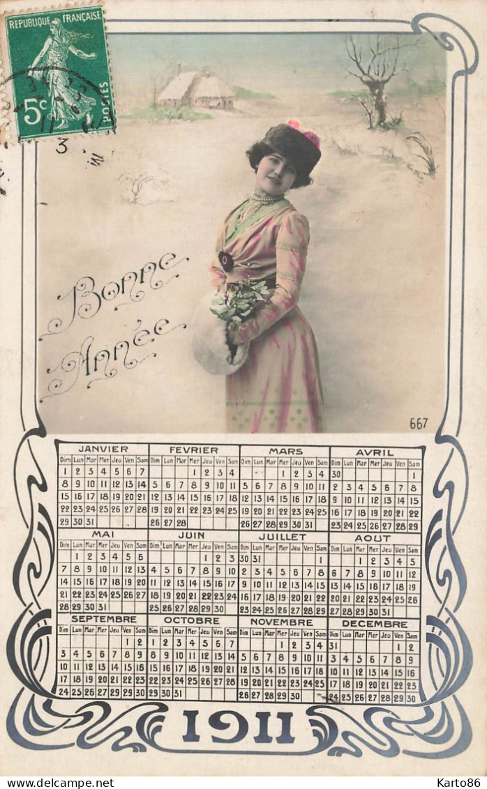 Carte Postale Ancienne Carte Photo Calendrier 1911 * Femme * Bonne Année - Petit Format : 1901-20