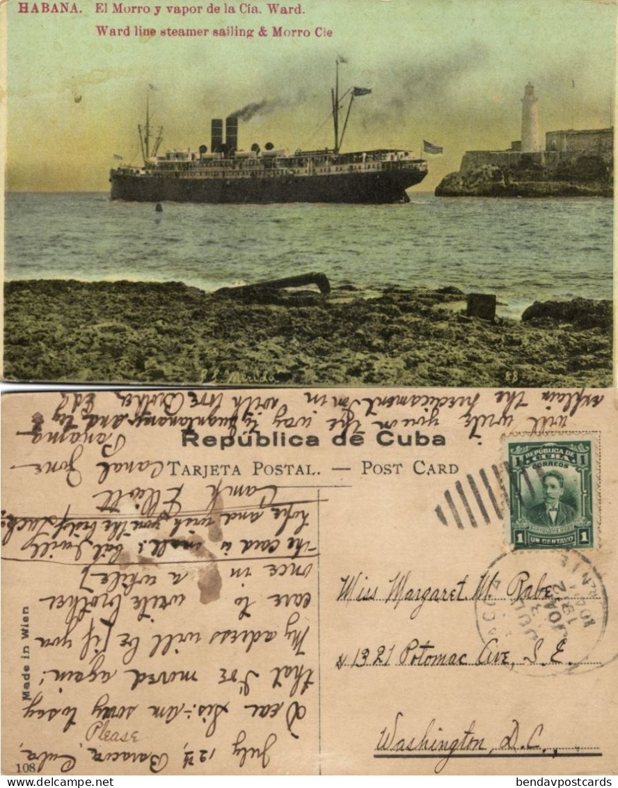 Cuba, HAVANA, Ward Line Steamer, Morro Castle, Lighthouse (1912) Postcard - Cuba