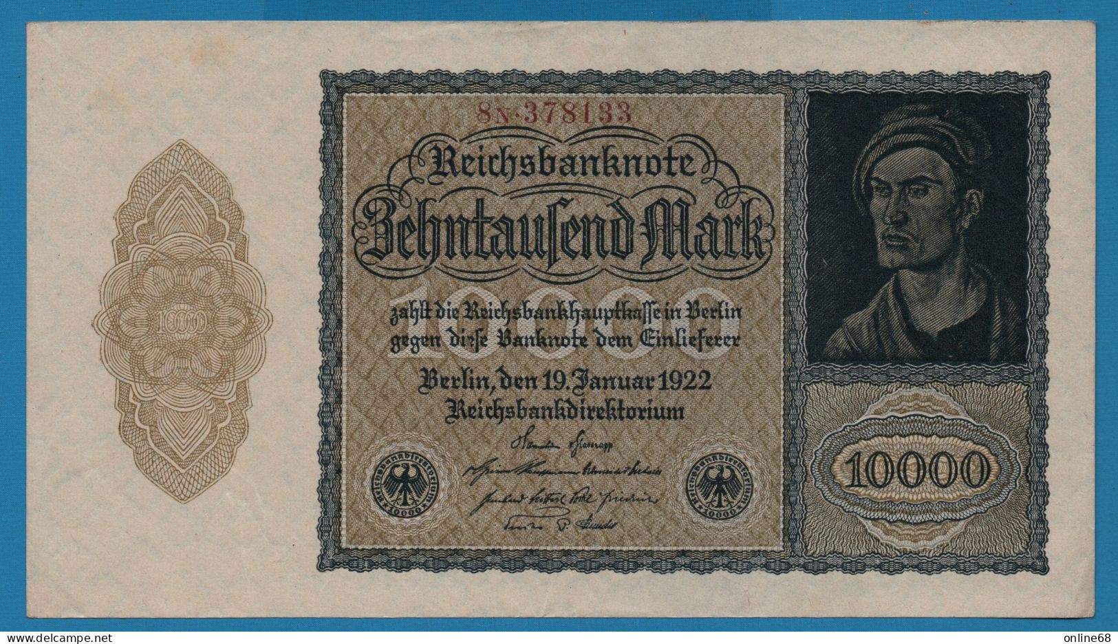 DEUTSCHES REICH 10000 MARK 19.01.1922 # 8N.378133 P# 72 - 10.000 Mark