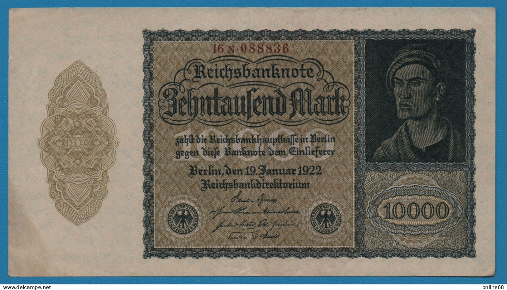 DEUTSCHES REICH 10000 MARK 19.01.1922 # 16N.088836 P# 72 - 10.000 Mark