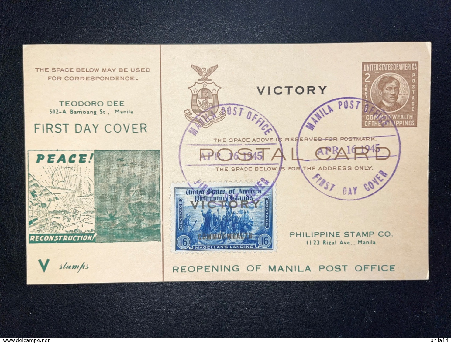 CARTE FDC USA PHILIPPINES MANILA 1945 / VICTORY - Filipinas