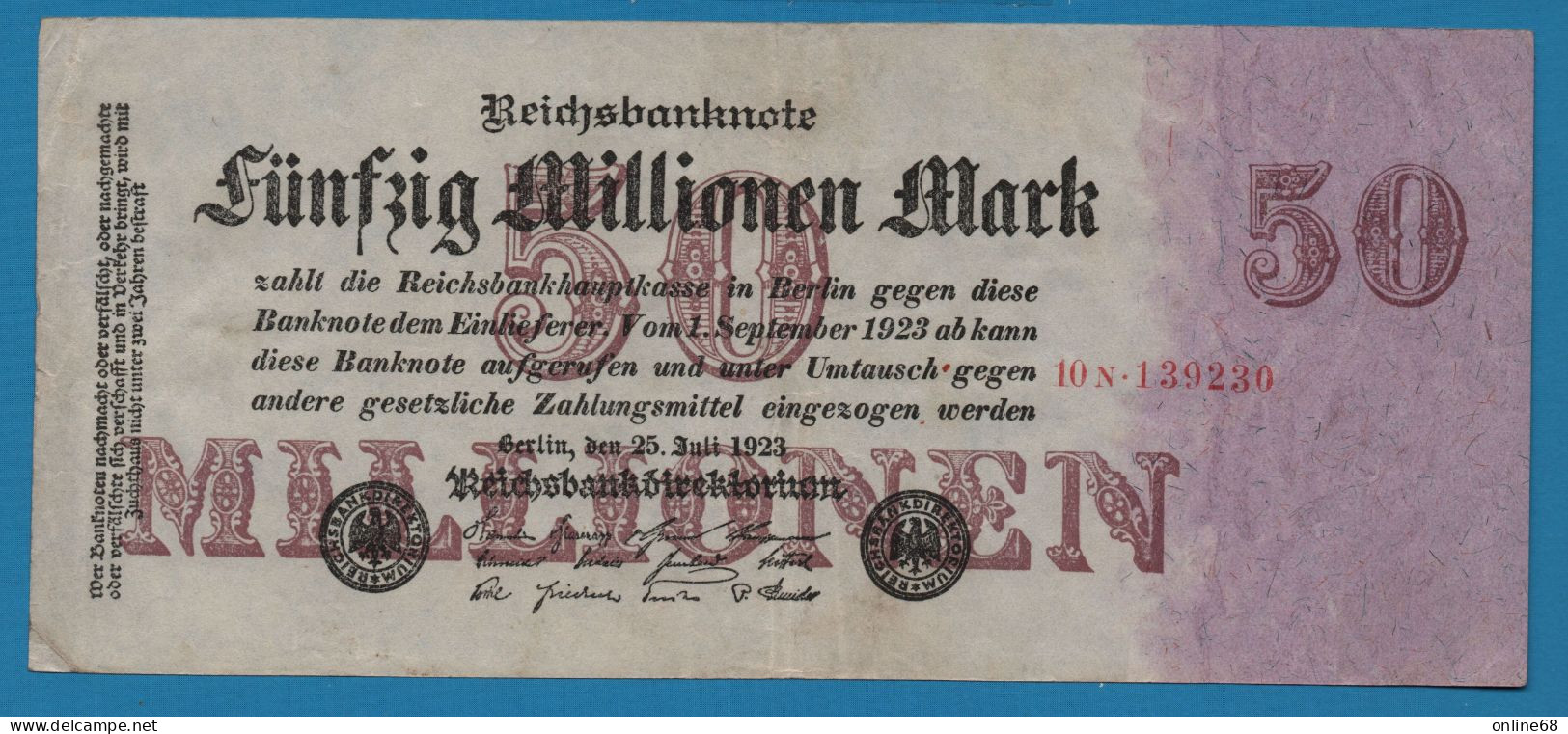 DEUTSCHES REICH 50 MILLIONEN MARK 25.07.1923 # 10N.139230 P# 98b - 50 Mio. Mark