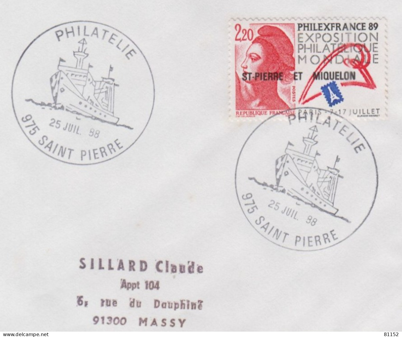 PHILEXFRANCE 89  Surchargé  " ST PIERRE ET MIQUELON "  Y.T. 489   2.20F  Le 25 Juin 1988  Sur Lettre  Pour 91300 MASSY - Cartas & Documentos