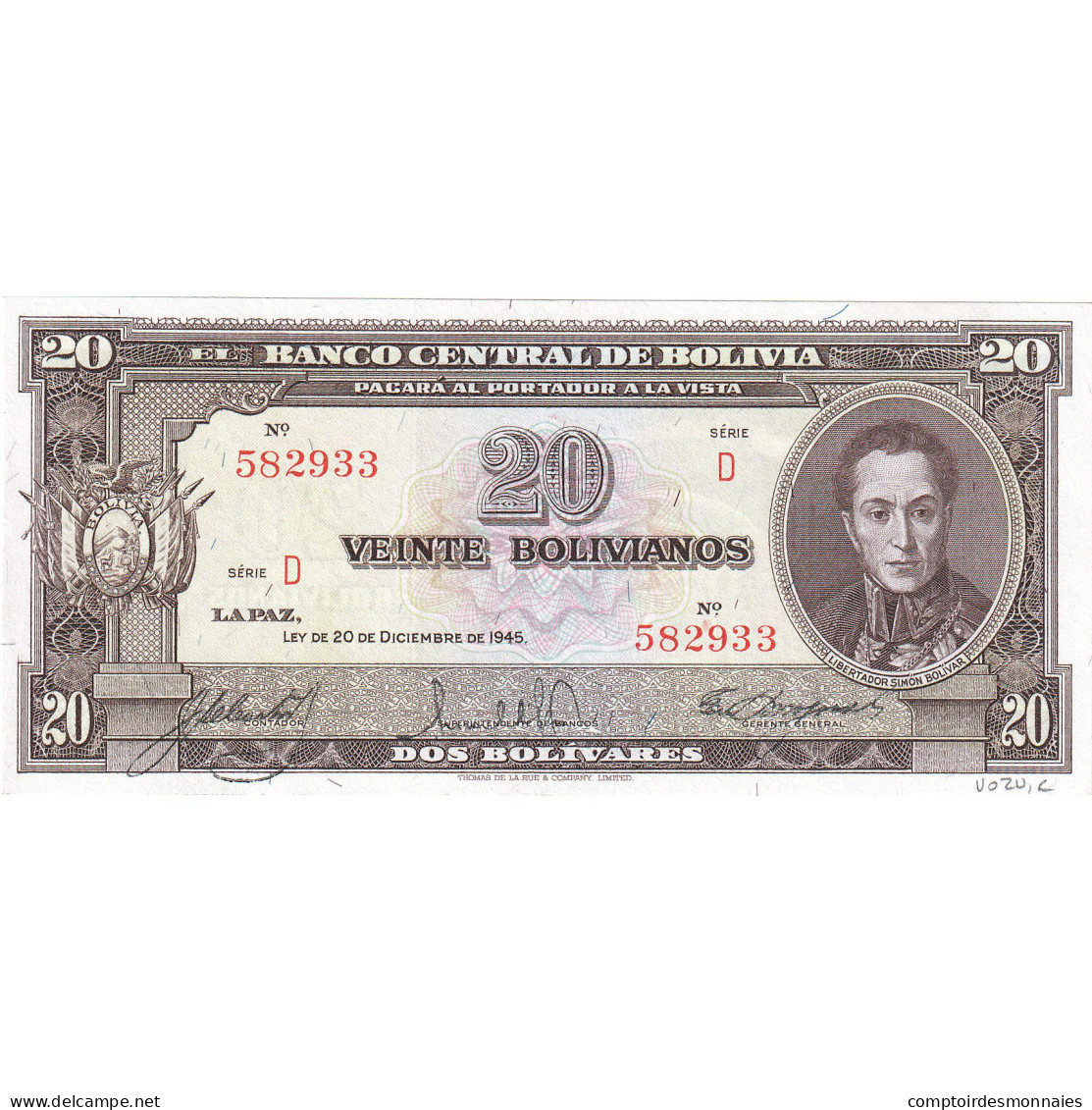 Billet, Bolivie, 20 Bolivianos, 1945, 1945-12-20, NEUF - Bolivia