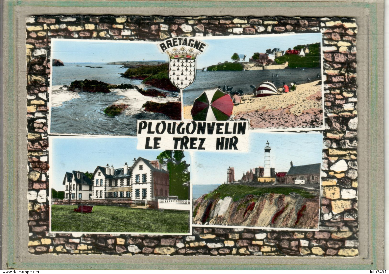 CPSM Dentelée (29) PLOUGONVELIN - Carte Multivues Colorisées Avec Un Cadre En Pierres Sèches - 1960 - Plougonvelin